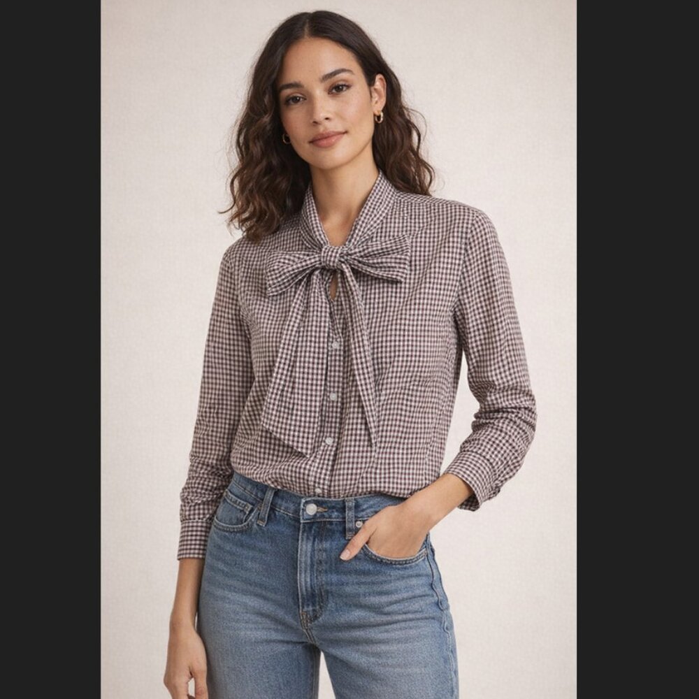 Brown & White Gingham Bow Tie Blouse